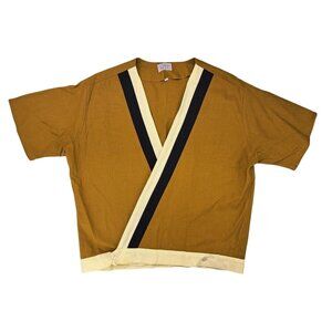 Vintage Wrap Shirt Mustard Olive Brown Crossover Grandpa 50s Men XL May-D&F New